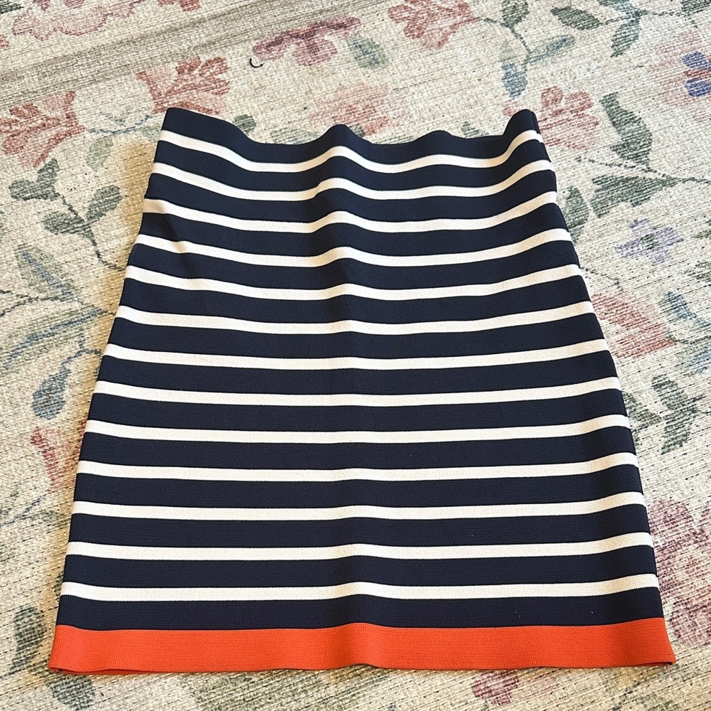 BCBGMaxAzria Navy and White Striped Pencil Skirt with Orange Trim